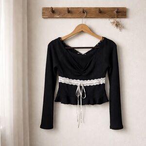 Urban Oufitters Black Ribbed Long Sleeve Top with White Lace Waist Tie